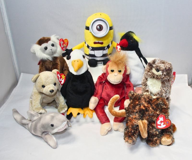 Lot of 9 Beanie Babies | Non-Mint Tags | Minion, Monkeys, Bears, & More