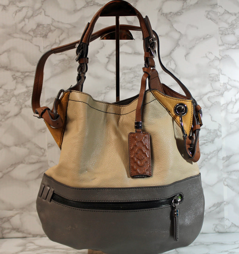 Oryany Purse: Grey Khaki Brown Leather Satchel Bag