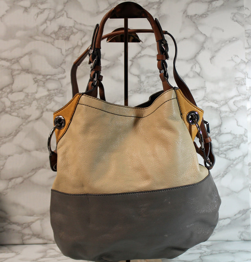 Oryany Purse: Grey Khaki Brown Leather Satchel Bag