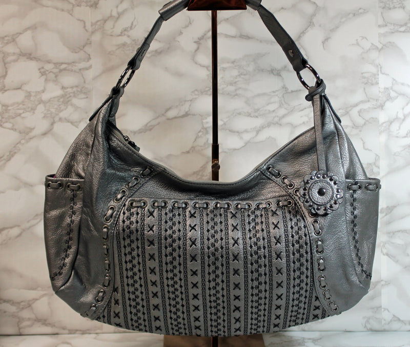 Fiore Purse: Grey Embroidery Stitch Leather Hobo Bag