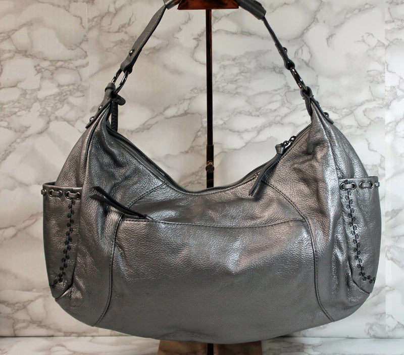 Fiore Purse: Grey Embroidery Stitch Leather Hobo Bag