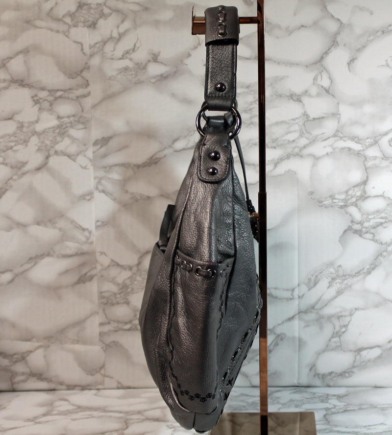 Fiore Purse: Grey Embroidery Stitch Leather Hobo Bag