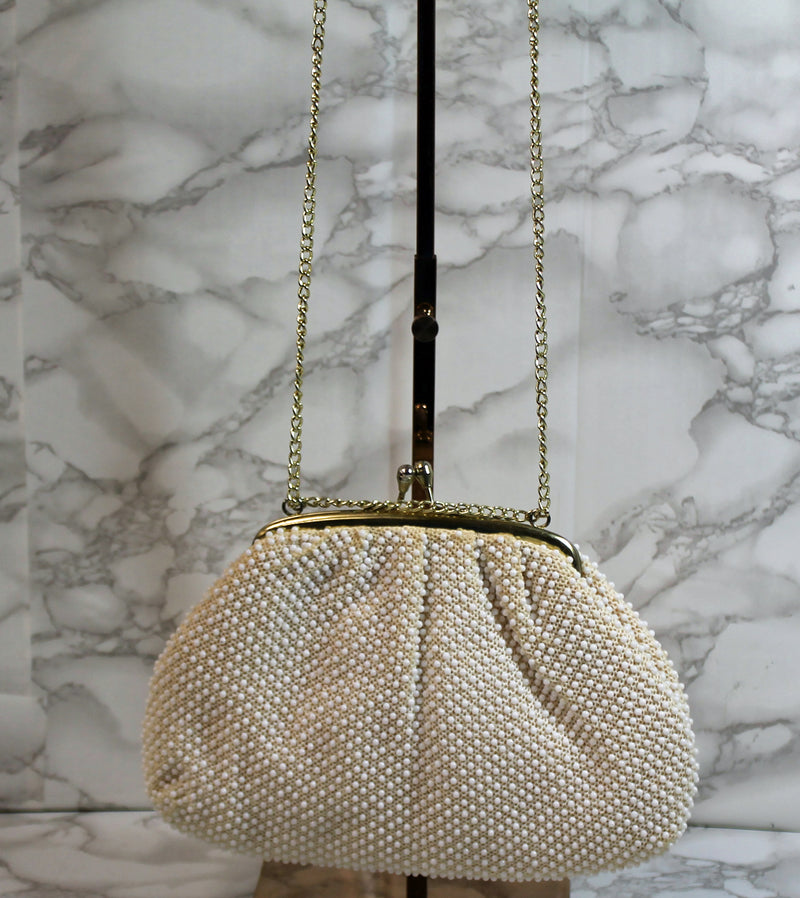 Handmade Purse: Cream Beaded Evening Shoulder Bag