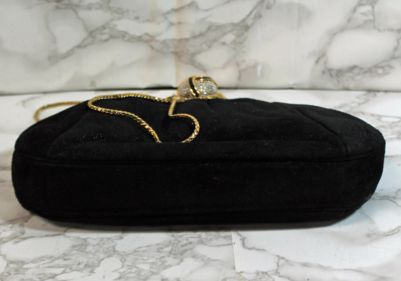 Judith Leiber Purse: Black Suede Rhinestone Clutch Shoulder Bag