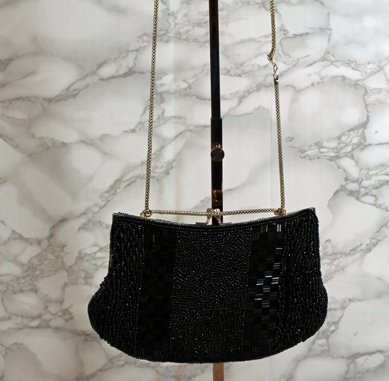 Wabarg Purse: Black Beaded Evening Clutch Bag